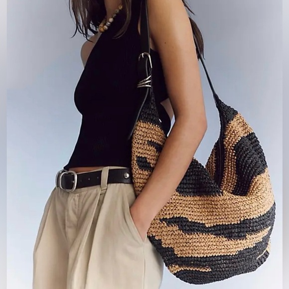 Free People Handbags - NWT Free People Santorini Straw Tote Bag Black Mix